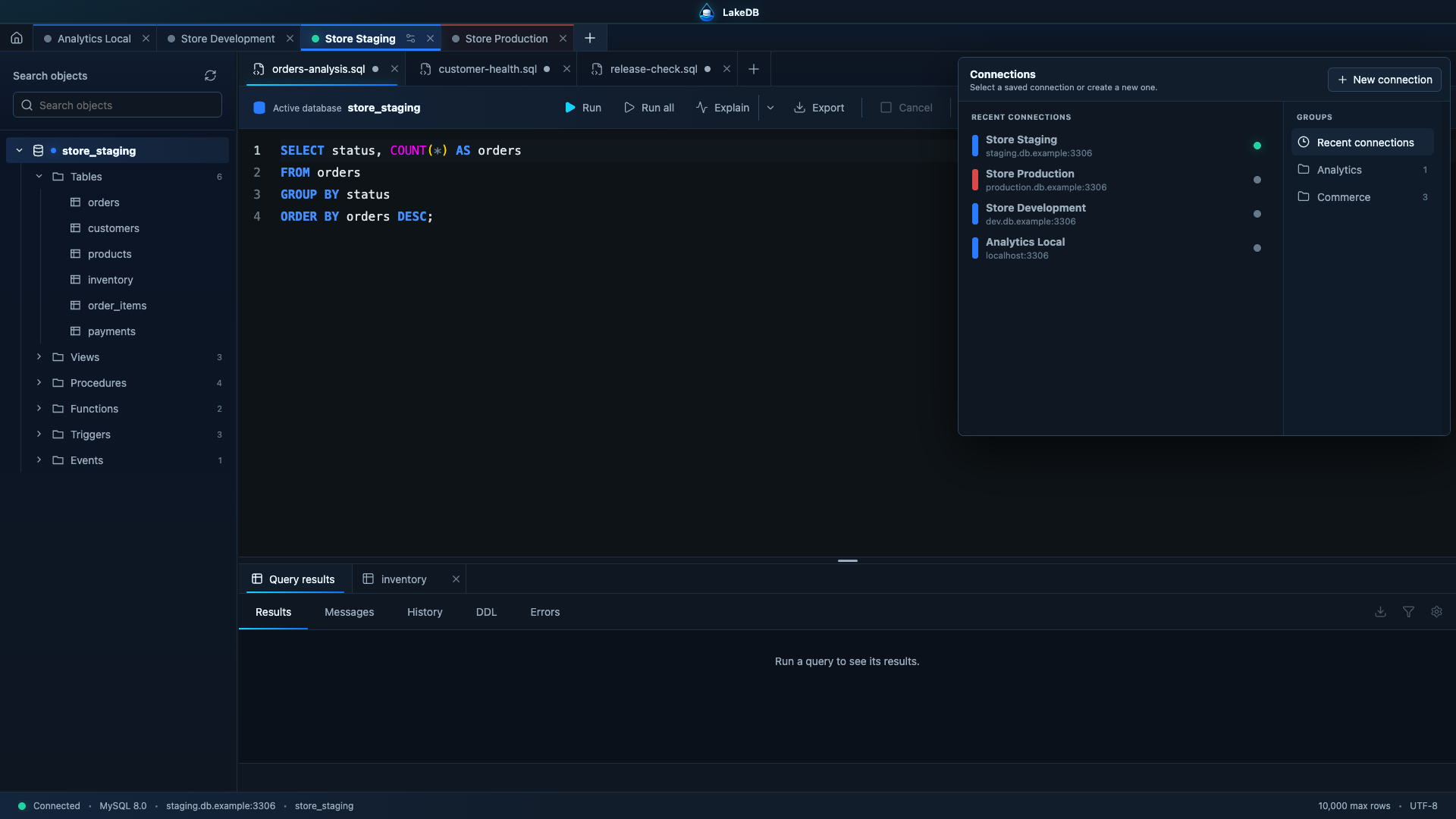LakeDB connection picker with recent servers and groups
