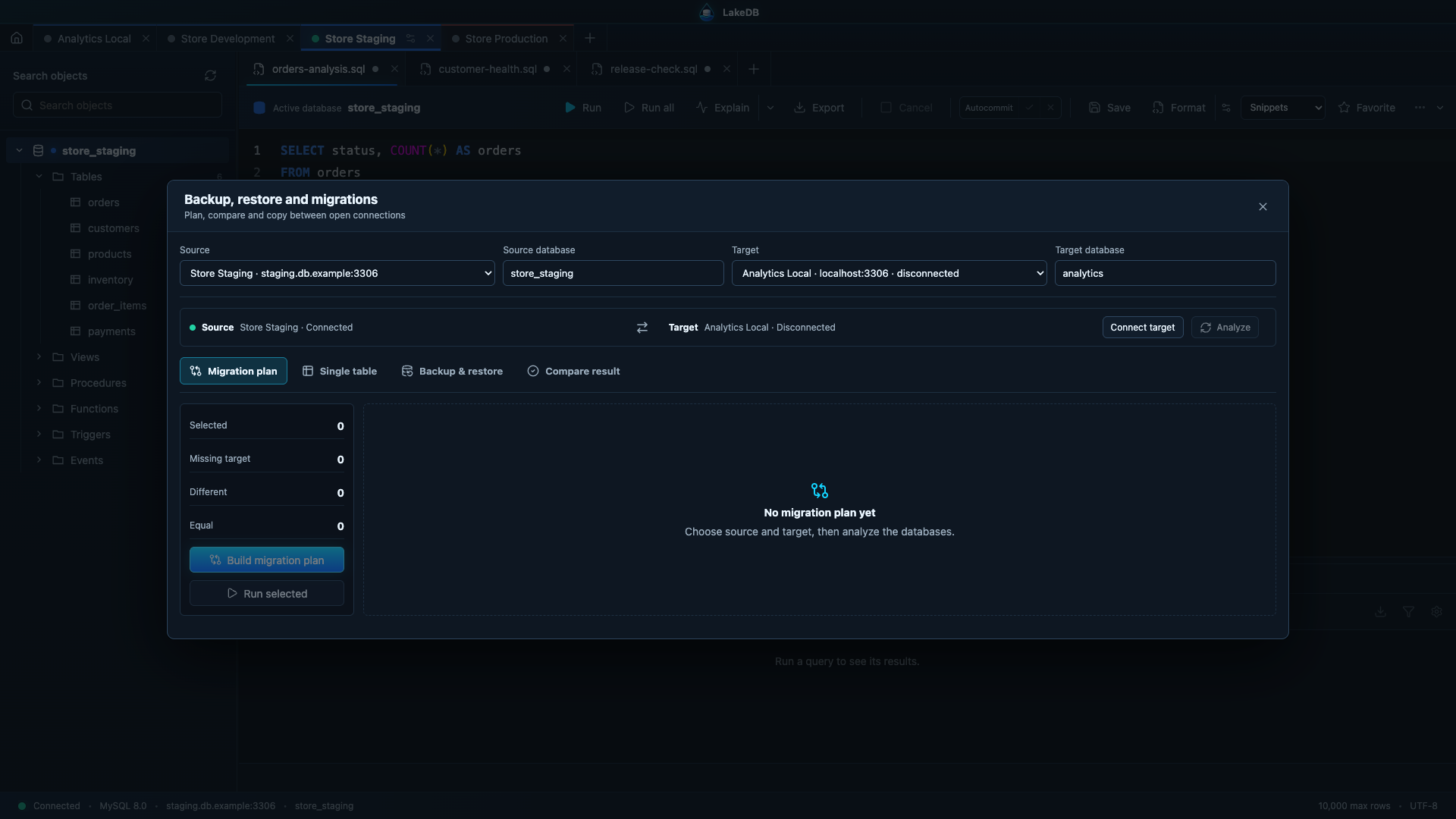 LakeDB backup, restore, compare and migration workspace