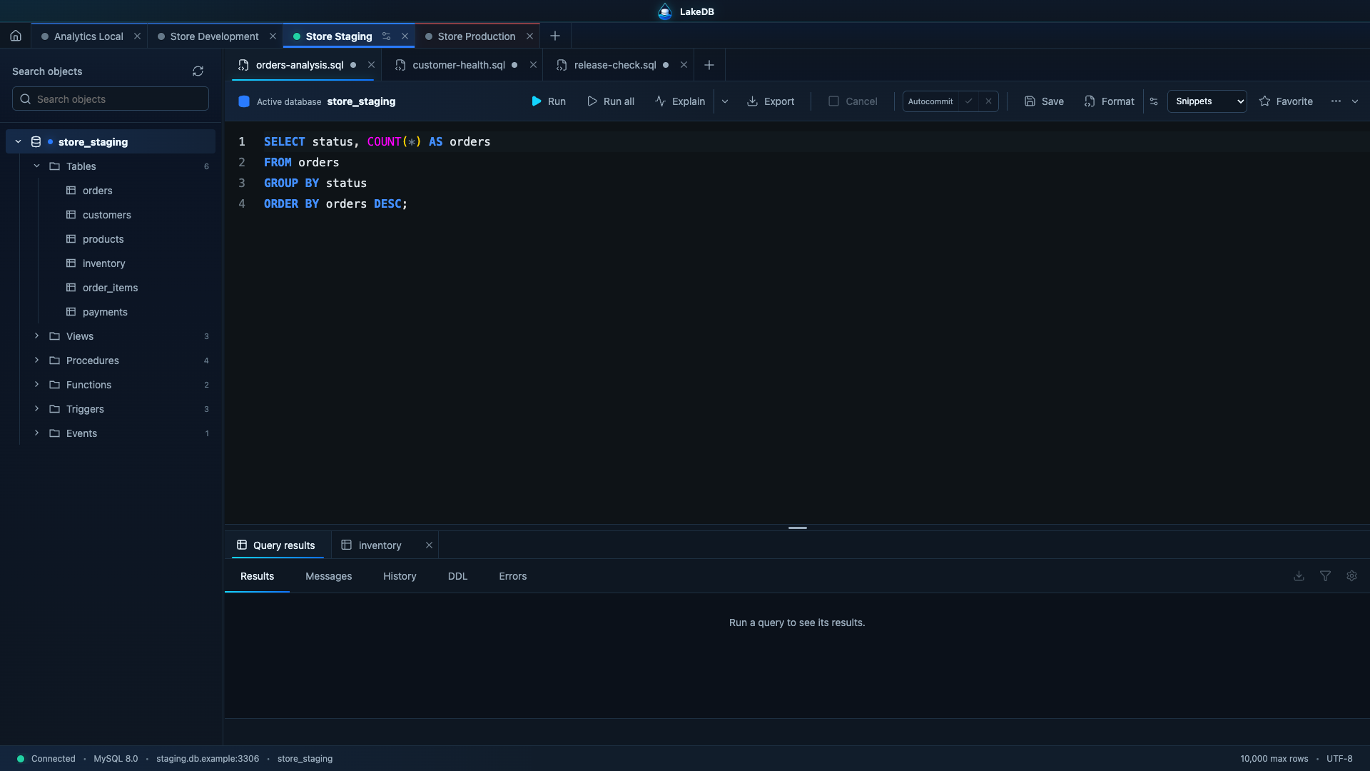 LakeDB with four independent connection workspaces and multiple SQL tabs