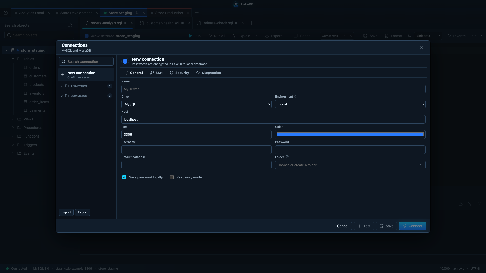 LakeDB connection editor with General, SSH, Security and Diagnostics sections