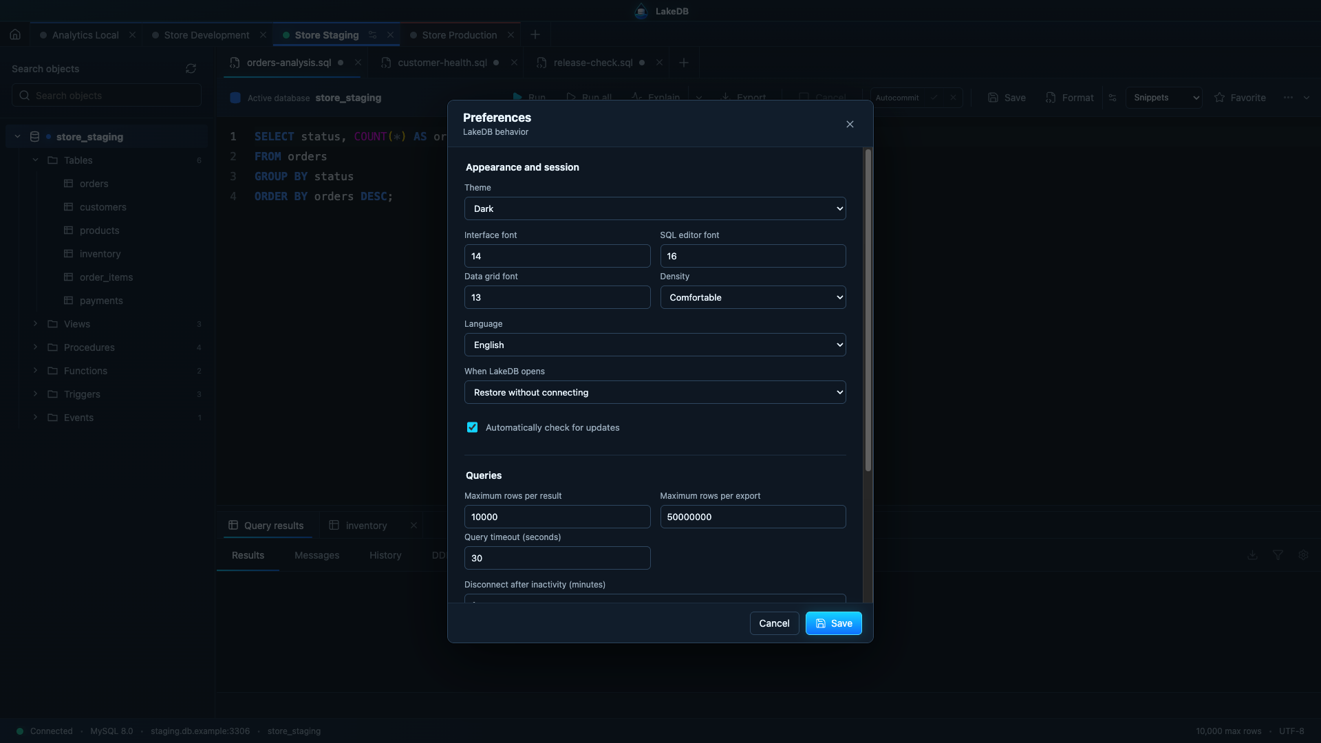 LakeDB preferences for appearance, language, editor and updates
