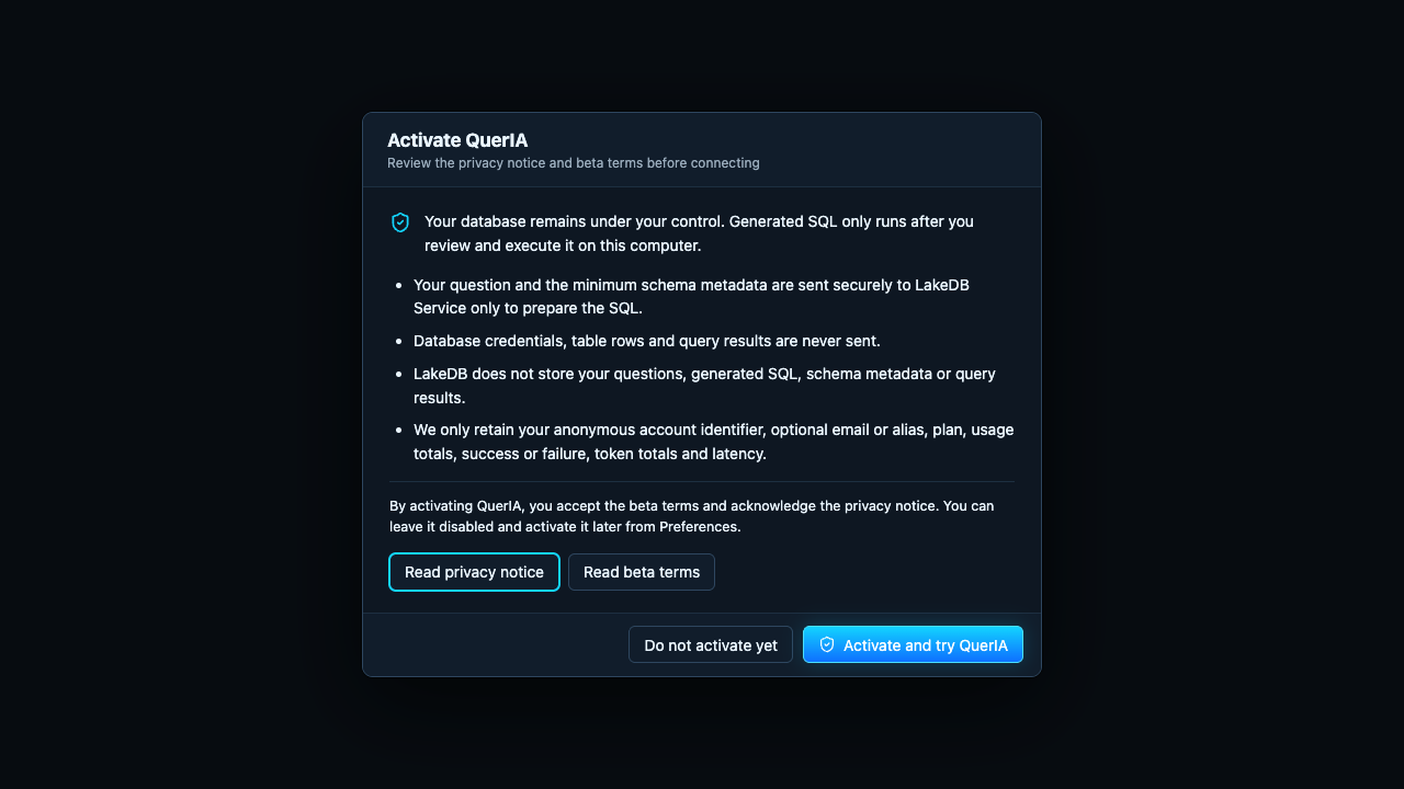Real LakeDB activation dialog explaining QuerIA privacy before any service connection