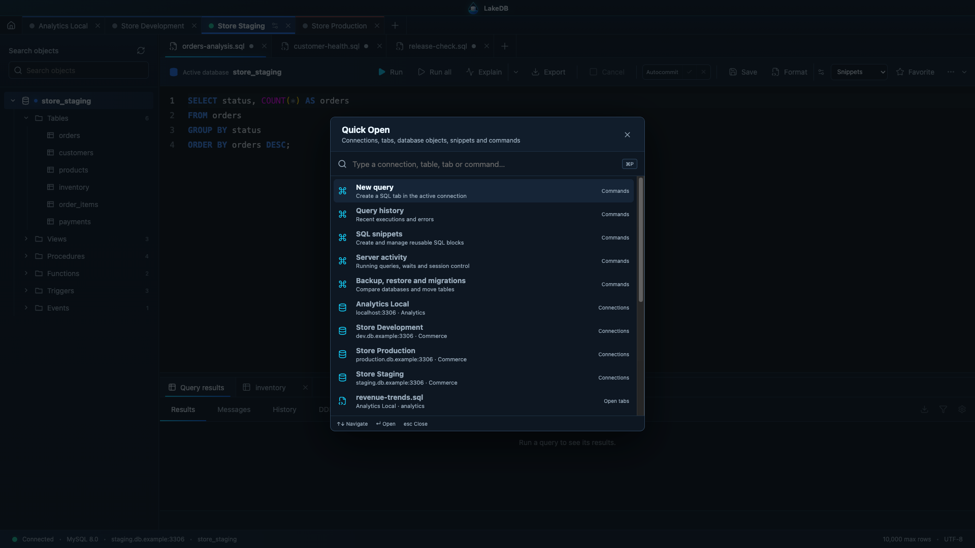 Quick Open searches LakeDB connections, tabs, objects, snippets and commands